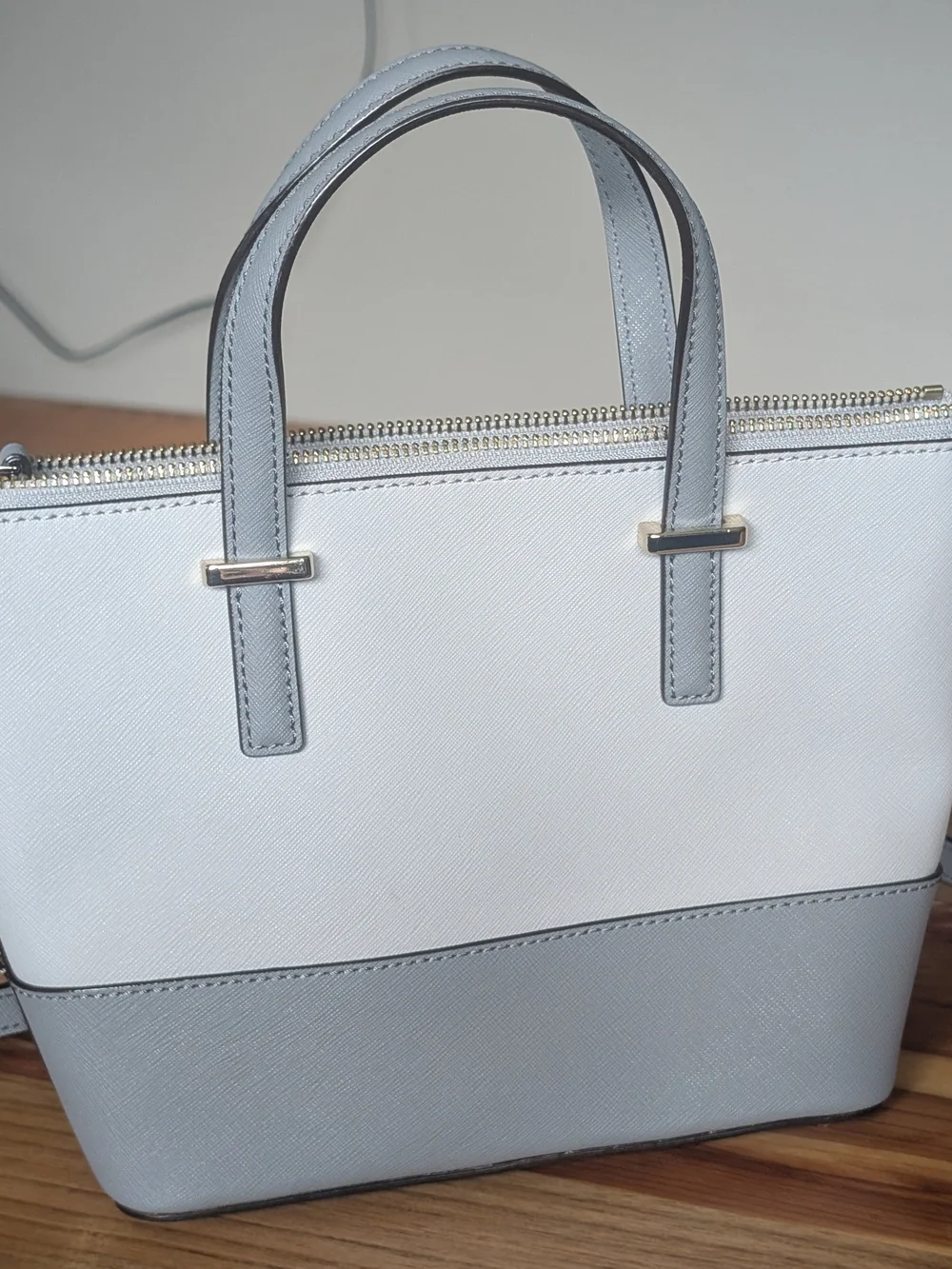 kate spade White and Light Blue Two-Tone Saffiano Leather Tote